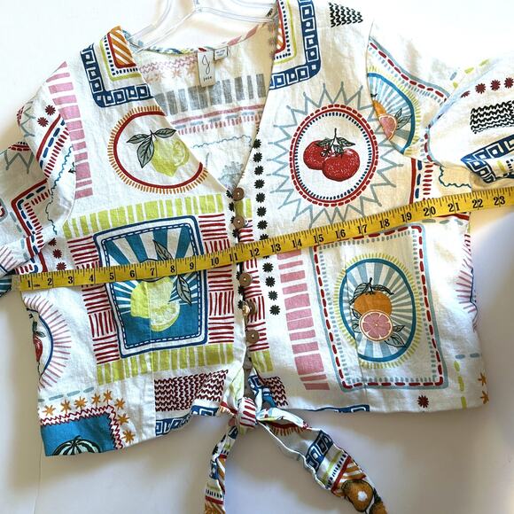 J. Joie Graphic Fruit Print Top Womens XL White Colorful Linen V-Neck Tie Hem - Picture 7 of 8